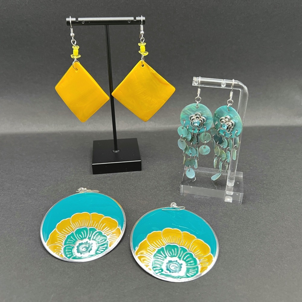Shell Statement Earrings Lot 3 Pairs Yellow Teal Mother of Pearl Boho Enamel